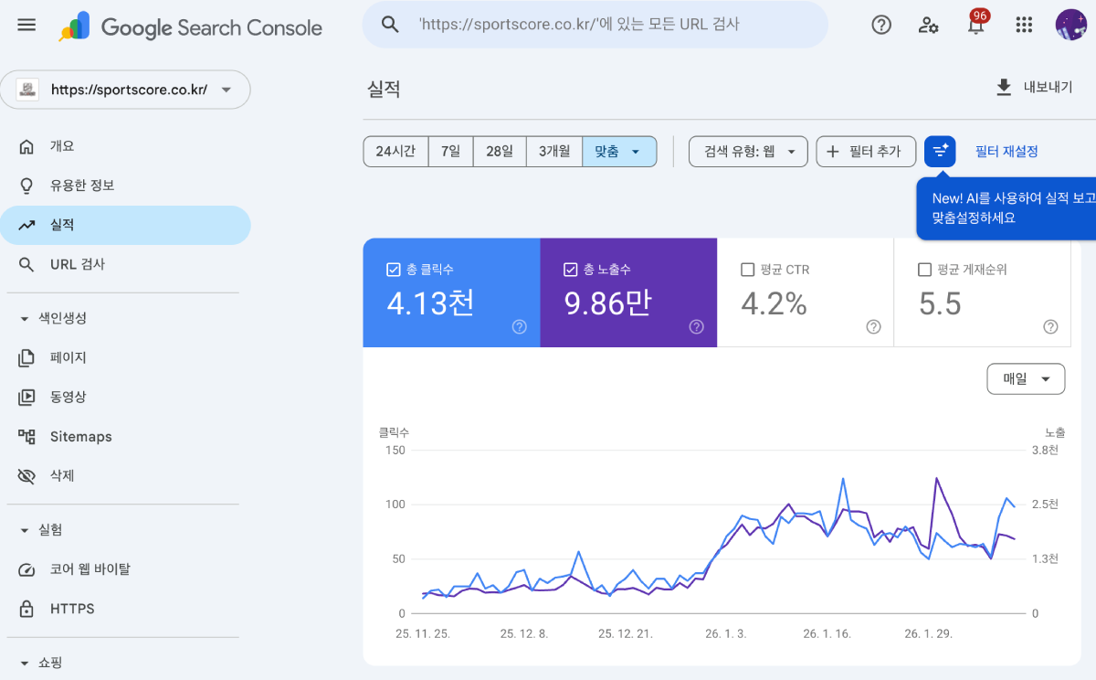 에스코어스키 구글 서치콘솔 실적 데이터